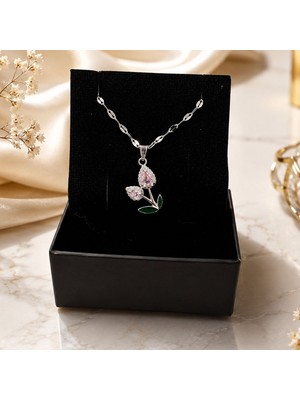 Bk Gift Taşlı Lale Çiçeği Figürlü Zarif Kadın Çelik Kolye - Kararma Yapmayan Zarif Çelik Kolye