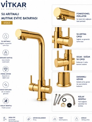 VİTKARSU ARMATÜR Su Arıtmalı Gold Mutfak Eviye Bataryası Çift Çıkışlı Pirinç Gövde