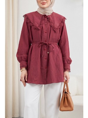 Moda Morfo Bebe Yaka Fistolu Beli Bağcıklı Modal Tunik   -Bordo