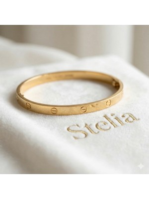 Stelia Bileklik - 316L Paslanmaz Çelik Gold Renk Ince Kadın Kelepçe Bileklik - 65 mm Kararmaz Antialerjik