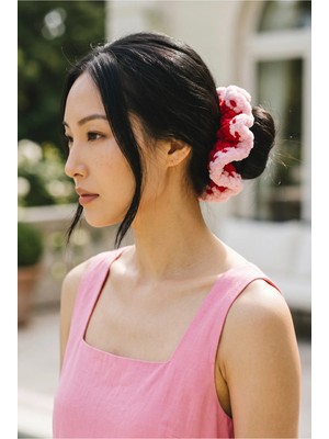 Handmade Kadın Kırmızı- Pembe Beyaz Çizgili Örgü Dev Boy Scrunchie - El Yapımı Crochet Lastik Toka