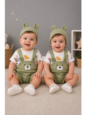 Bulut Anne ve Çocuk Bebek Kumaş 3'lü Salopet Takım- Ayıcık Yüz Detaylı Salopet- Hayvan Desenli T-Shirt ve Şapka Takımı