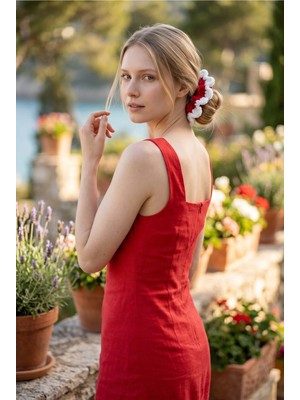 Handmade Kadın Kırmızı Beyaz Çizgili Örgü Standart Boy Scrunchie - El Yapımı Crochet Lastik Toka