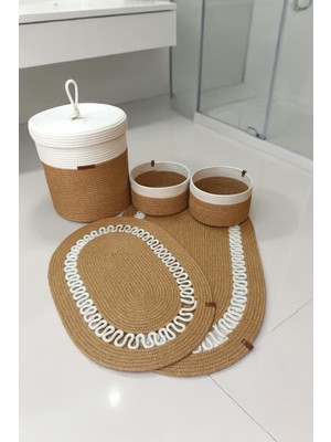 Kaan Home El Yapımı Dekoratif Örgülü Model 5'li Banyo Seti 2’li Paspas 50X80 cm ve 40X60 cm + Sepetler 18X18 cm & Çamaşır Sepeti 35X33 cm