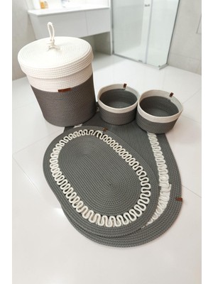 Kaan Home El Yapımı Dekoratif Örgülü Model 5'li Banyo Seti 2’li Paspas 50X80 cm ve 40X60 cm + Sepetler 18X18 cm & Çamaşır Sepeti 35X33 cm