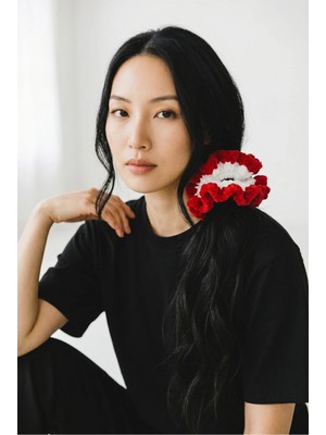 Handmade Kadın Beyaz Kırmızı Çizgili Örgü Dev Boy Scrunchie - El Yapımı Crochet Lastik Toka
