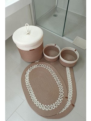 Kaan Home El Yapımı Dekoratif Örgülü Model 5'li Banyo Seti 2’li Paspas 50X80 cm ve 40X60 cm + Sepetler 18X18 cm & Çamaşır Sepeti 35X33 cm
