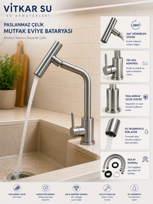 Vitkar Su Paslanmaz Çelik Mutfak Eviye Bataryası Tek Kollu Modern Evye Musluğu