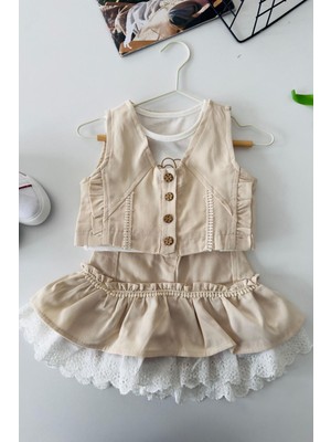 Miniğimin Cicileri Vintage Dantel Katmanlı Kız Çocuk 3 Lü Etekli Takım - Krem