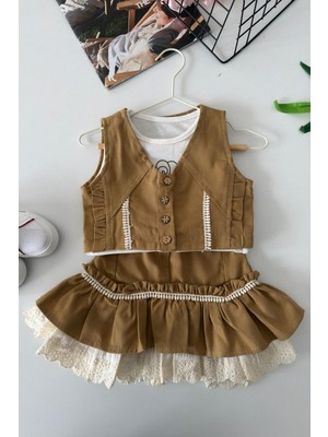 Miniğimin Cicileri Vintage Dantel Katmanlı Kız Çocuk 3 Lü Etekli Takım - Camel