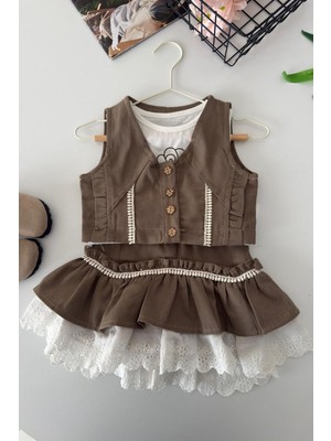 Miniğimin Cicileri Vintage Dantel Katmanlı Kız Çocuk 3 Lü Etekli Takım - Vizon