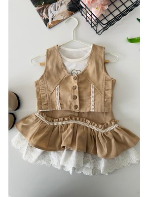 Miniğimin Cicileri Vintage Dantel Katmanlı Kız Çocuk 3 Lü Etekli Takım - Bej