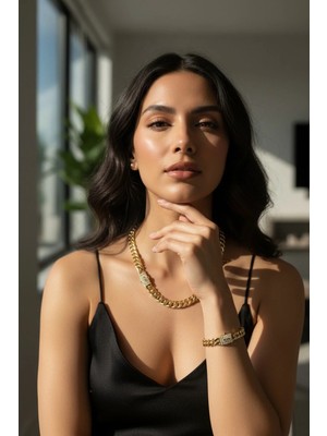 Xuping Jewelry Gold Kaplama Taşlı Küba Zincir Kolye ve Bileklik Takı Seti - Ayarlanabilir Lüks Takım