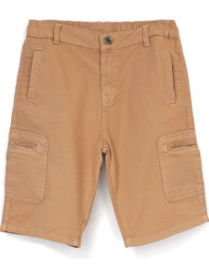 DobaKids Erkek Çocuk Camel Rengi Urbancraft Ince Gabardin Pantolon Tipi Kargo Kapri Fleto Yama Cepli