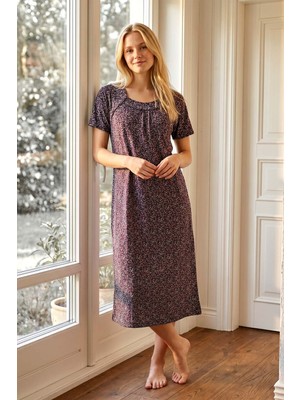Remsa Kadın Çiçek Desen Kısa Kol Viskon Elbise Pijama 25238-2 Siyah