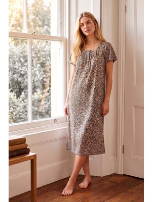 Remsa Kadın Leopar Desen Kısa Kol Viskon Elbise Pijama 25238-1 Bej