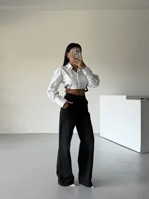 Stellina Füme Simetrik Dikişli Geniş Paça Jean