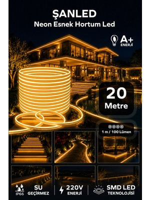ŞANLED  Neon Esnek Hortum Şerit LED Amber Rengi + 220V Fiş 2,3,4,5,10,15,20,25,50,100 Metre