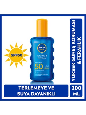 NIVEA SUN SPF50 Koruma ve Ferahlık Güneş Spreyi 200ml, Terlemeye Ve Suya Dayanıklı, Transparan, Renksiz Anında Güneş Koruyucu