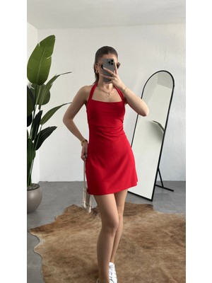Asfa Moda Kadın Kırmızı Halter Yaka Boyundan Geçirmeli Sırt Dekolteli Mini Elbise