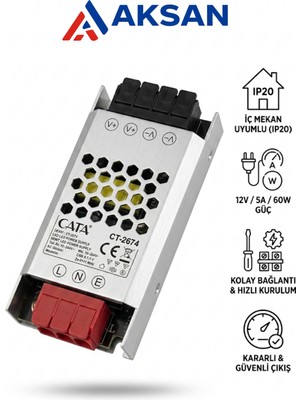 Cata CT-2674 Şerit LED Trafosu 12V 5 Amper 60 Watt Ince Slim Kasa Adaptör
