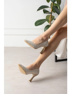 Shoetek Garwas Kadın Stiletto Ince Topuklu Full Taşlı Bej Saten