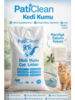 Pati Clean 20 Lt Marsilya Sabun Kokulu Ince Taneli Süper Topaklanan Beyaz Bentonit Kedi Kumu Organik Kedi Kumu