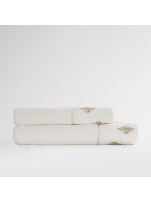 Ecocotton Aslışah 2'li Havlu Seti %100 Pamuk Nakışlı Krem 50X90-80X150
