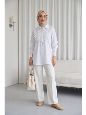 Moda Morfo Önü Dantelli Bağlama Detaylı Düğmeli Poplin Gömlek -Beyaz