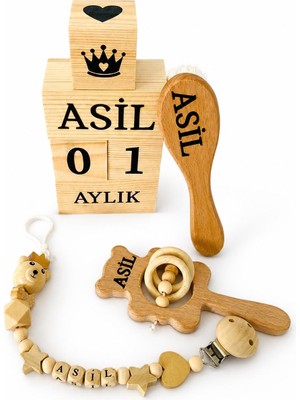 Shopfocus Kişiye Özel Isimli-Emzik Zinciri Emzik Askısı-Bebek Çıngırak-Bebek Saç Fırçası Keçi Kılı-Bebek Anı Küpü Tekstil Boyalı-Setimmiz Full Ahşap Set Olup %100 Doğal Organik Ahşaptır-Bebek-Hediyelik-