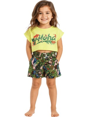 Çikoby Kız Çocuk Alt-Üst Takım Baskılı Crop T-Shirt Desenli Tokalı Etek-Şort