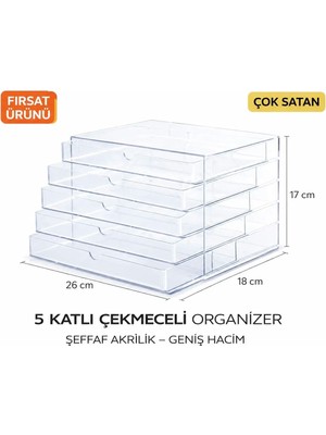 Aşkana Şeffaf Akrilik Kozmetik Organizer 5 Katlı Çekmeceli Makyaj Düzenleyici | Çok Amaçlı Organizer Kutu (Makyaj, Takı, Ofis, Manikür Seti) – Büyük Boy 25X18 cm
