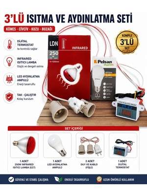 Anadolu Kavuzculuk 3’lü Set Infrared Isıtıcı Lamba 250W + LED Ampul + Dijital Termostat Civciv Kuzu Kümes Isıtma