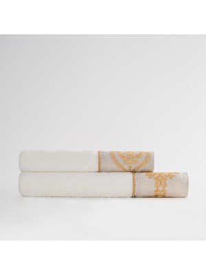 Ecocotton Hanzade 2'li Havlu Seti %100 Pamuk Güpürlü Krem-Gold 50X90-80X150