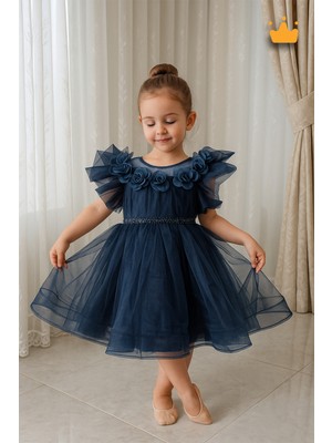 Baby Hola 2-8 Yaş Gül Yakalı Grenli Kabarık Tül Kız Bebek Çocuk Abiye Elbise Bayramlık Gelinlik Lacivert 3502