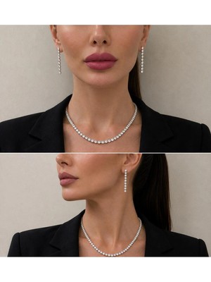 Motix Şelale Zincir Detaylı Taşlı Küpe Kolye Takımı
