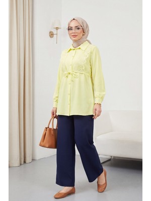 Moda Morfo Önü Dantelli Bağlama Detaylı Düğmeli Poplin Gömlek -Açık Sarı