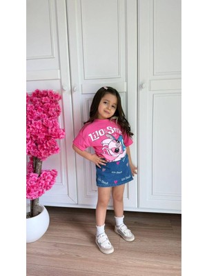Superbaby Lilo ve Stich Desenli Kız Çocuk Pembe Tişört Şortlu Denim Etek Takımı