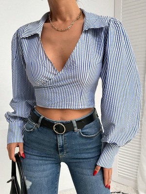 Serba Kadın Mavi Çizgili Kruvaze Crop Bluz