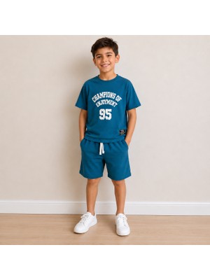 Utaher Miniwear Erkek Çocuk Oversize Petrol Mavisi Tişört Şort Takım