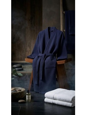 KOBEHOME%100 Pamuk Waffle Desenli Lacivert Bornoz 5xl