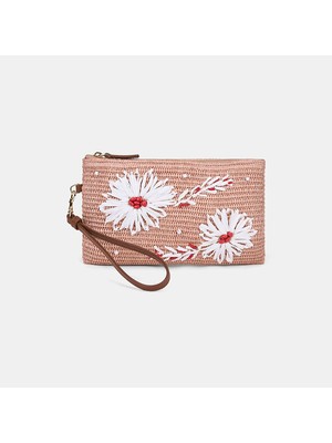 Desa Kadın Somon Çiçek Motifli Boncuklu Hasır Clutch
