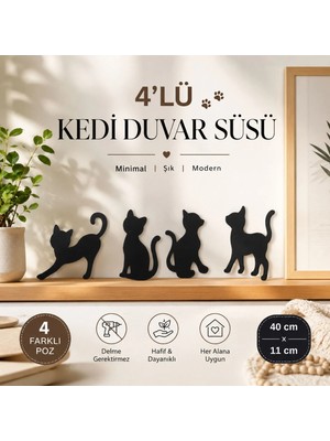 Dekoratif 4'lü Kedi Duvar Süsü Duvar Dekorasyon Şirin Dekoratif Ürünler - Siyah Ahşap Mdf
