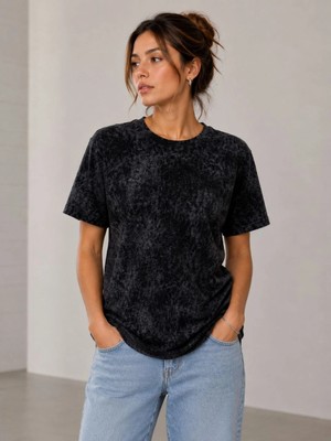 İlk El Grup Ieg™ Kadın Yıkamalı Washed Effect Tişört Bisiklet Yaka Sokak Stil Kısa Kol T-Shirt - Siyah