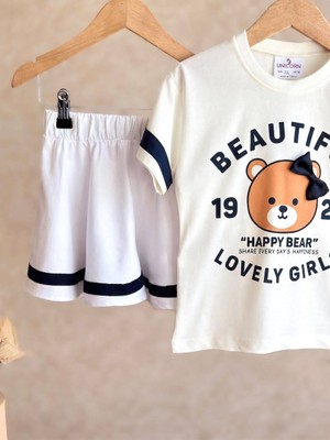 Superbaby Kız Çocuk Şirin Ayıcık Baskılı Etekli Takım - Krem Renk - Happy Bear