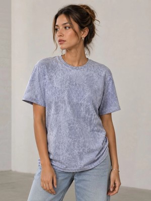 İlk El Grup Ieg™ Kadın Yıkamalı Washed Effect Tişört Bisiklet Yaka Sokak Stil Kısa Kol T-Shirt - Gri