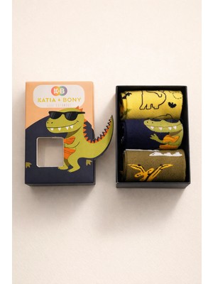Bony Socks Çocuk 3D Dinozor Desenli Kutulu 3'lü Soket Çorap