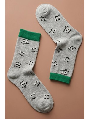 Bony Socks Şaşkın Surat Desenli Gri Çocuk Soket Çorap