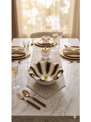 Sembol Porselen Lüks Yuvarlak Sunum Kasesi - Siyah Beyaz Çizgili Gold Detaylı Çerezlik Meyvelik 24 cm