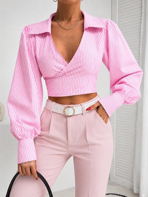 Serba Pembe Renk Kruvaze Arkadan Bağlamalı Crop Uzun Kollu Bluz
